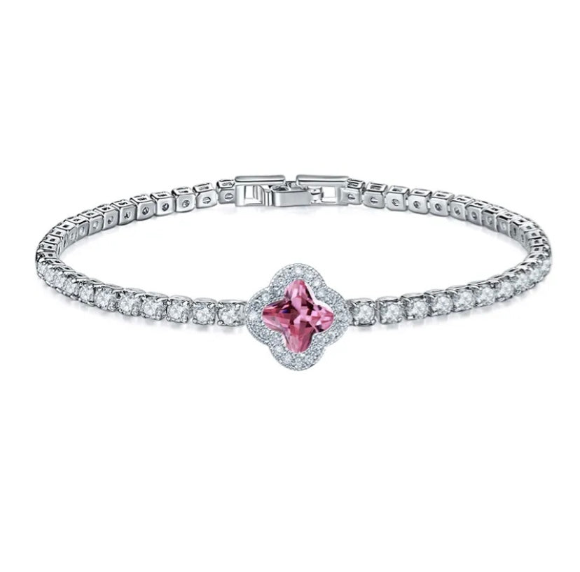 Pink Clover Iced Tennis Bracelet (Silver)