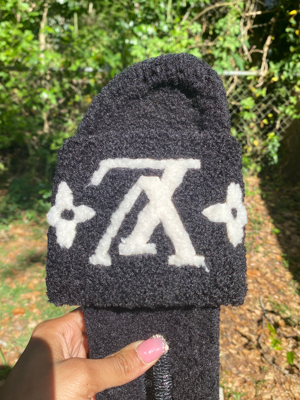 LV Luxury Black Plush Slides