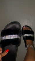 Black bling fur slides