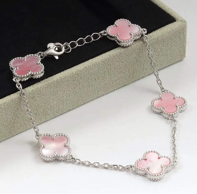 Glitter pink sliver clover bracelet